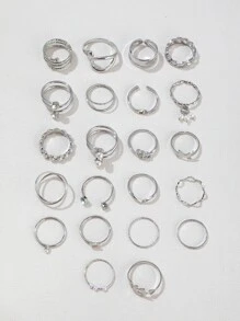 22 cái Retro & Thanh lịch Ngọc trai Giả Và Đồ trang trí Rhinestone Tim Và Đa nguyên tố Bộ nhẫn Thích hợp Đối với Của phụ nữ Mặc hàng ngày - Bạc - Xem 3