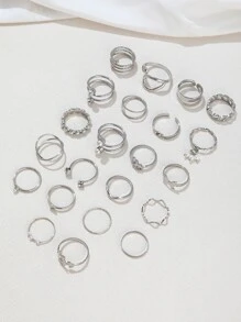 22 cái Retro & Thanh lịch Ngọc trai Giả Và Đồ trang trí Rhinestone Tim Và Đa nguyên tố Bộ nhẫn Thích hợp Đối với Của phụ nữ Mặc hàng ngày - Bạc - Xem 5