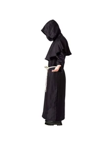 Adult Medieval Hooded Monk Cloak Renaissance Priest Robe Halloween Costume - Black - View 4