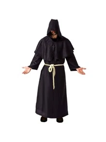 Adult Medieval Hooded Monk Cloak Renaissance Priest Robe Halloween Costume - Black - View 1