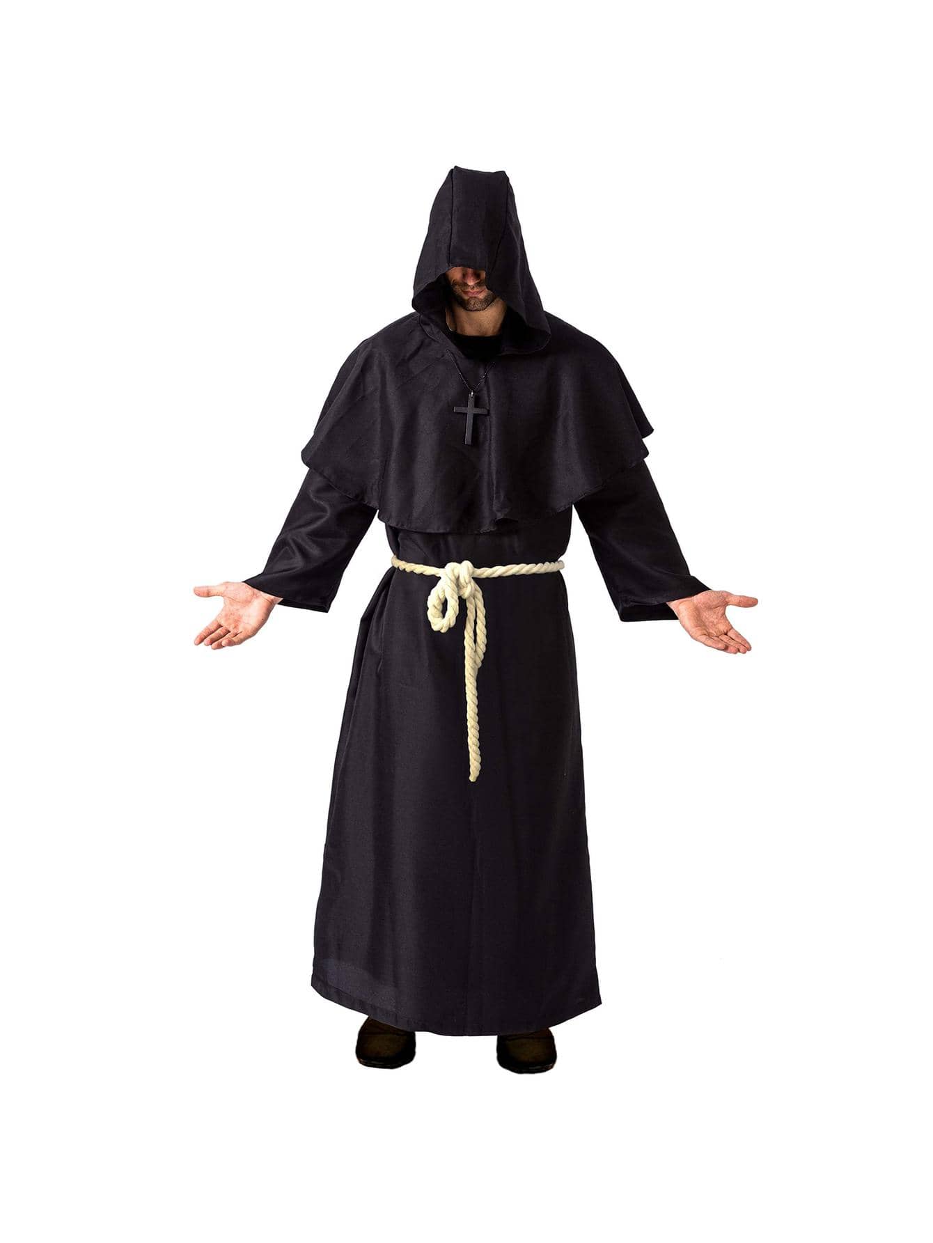 Adult Medieval Hooded Monk Cloak Renaissance Priest Robe Halloween Costume - Black - View 1