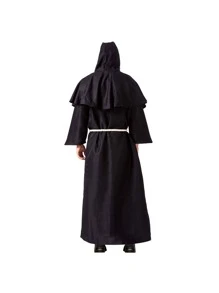 Adult Medieval Hooded Monk Cloak Renaissance Priest Robe Halloween Costume - Black - View 3