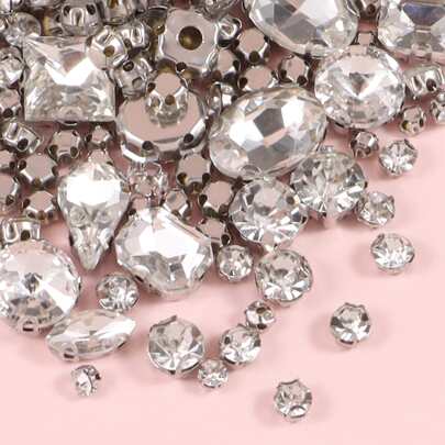 100pcs/200pcs Mixed Crystal Claw Rhinestones, Glass Hand-Sewn Rhinestones, DIY Clothing Accessories Materials, Sewing Glass Gems Metal Claws, Mixed Shape Sewing Gems