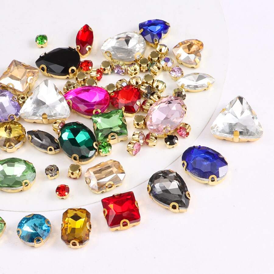 1 Gói Khoảng 130 Viên Đá Rhinestone May Vàng, Nhiều Hình Dạng Đá Rhinestone, Đá Quý Kim Loại May, Bạc