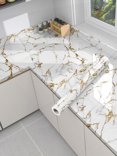 1pc Waterproof & Oil-Proof Self-Adhesive Film With Platinum Marble Pattern For Kitchen, Bathroom, Cabinet And Table Renovation, Stickers, Wall Decal, Vinyl Decal For Home Decorations, Spring Decoration Items Refresh Your Home, Rama Decoration Stickers Gifts Birthday Graduation