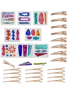 28件套8款树脂硅胶模具套装，包含20个金色发夹模具，树脂发夹模具，可用于制作发夹、DIY工艺品、钥匙扣、珠宝吊坠等。 - 白色 - 查看 1