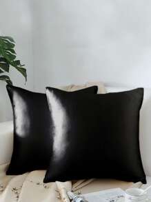 YIMEIS 1 件缎纹纯色装饰抱枕套（不含枕芯） - 黑色 - 查看 1