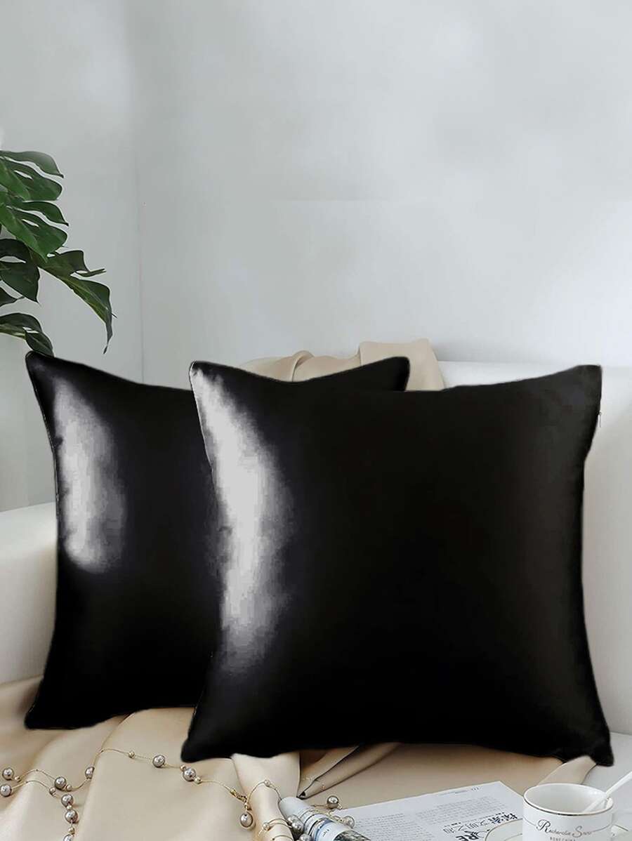 YIMEIS 1 件缎纹纯色装饰抱枕套（不含枕芯） - 黑色 - 查看 1