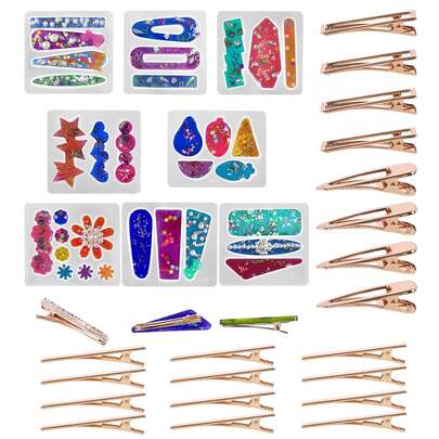 28件套8款树脂硅胶模具套装，包含20个金色发夹模具，树脂发夹模具，可用于制作发夹、DIY工艺品、钥匙扣、珠宝吊坠等。