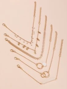 6pcs/set Tassel, Bead, Leaf, Geometric Design Bracelet Set For Women - Yellow Gold - View 4