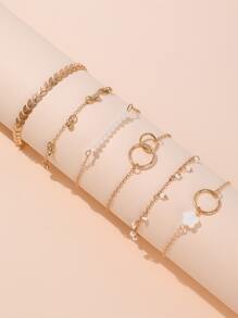 6pcs/set Tassel, Bead, Leaf, Geometric Design Bracelet Set For Women - Yellow Gold - View 2