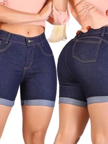Women Denim Shorts - 藏蓝色 - 查看 4