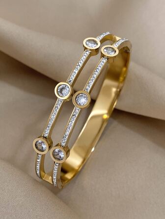 1入組奢華不銹鋼寬手鐲手環適合女士時尚水鑽金色顏色多層手鍊腕帶日常防水首飾類禮品