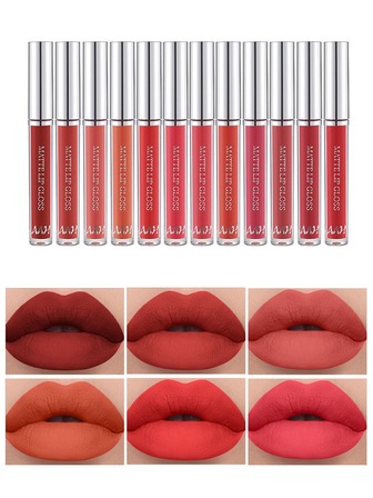 mate Lápiz labial líquido en 12 colores , larga duración antiadherente Taza , calmante & hidratante textura , rojo con carne sombras