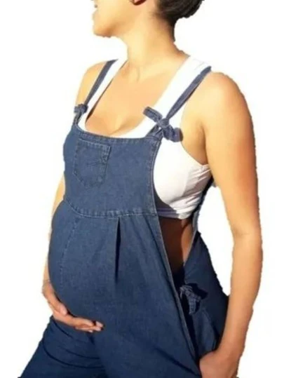 Macacão Jardineira Jeans Gestante Retro Grávida confort