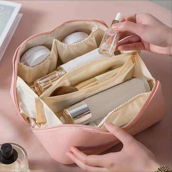 1 pièce Sac à maquillage grande capacité multi-couches avec poignée portable, sac de toilette maquillage de voyage rose et imperméable, organisateur de maquillage multifonction avec compartiments, pour femmes, voyage, cosmétique, bohème, vacances, plage, salle de bain, chambre, grande capacité