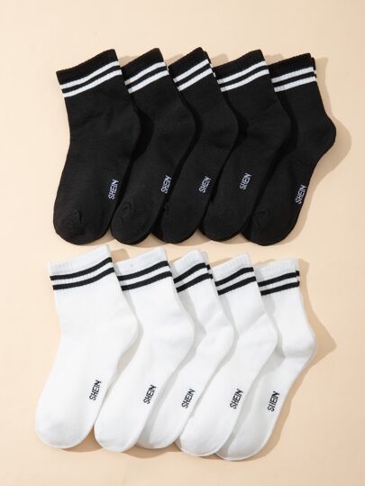 10 Pairs Kids/Youth Black & White Striped Casual Sports Comfortable Mid-Calf Socks