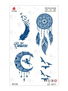 極簡風格字母、海鷗、羽毛和草本設計的女孩臂部防水臨時刺青貼紙,可持續7-14天 - 藍色 - 查看 5