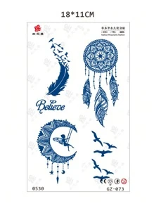 極簡風格字母、海鷗、羽毛和草本設計的女孩臂部防水臨時刺青貼紙,可持續7-14天 - 藍色 - 查看 6