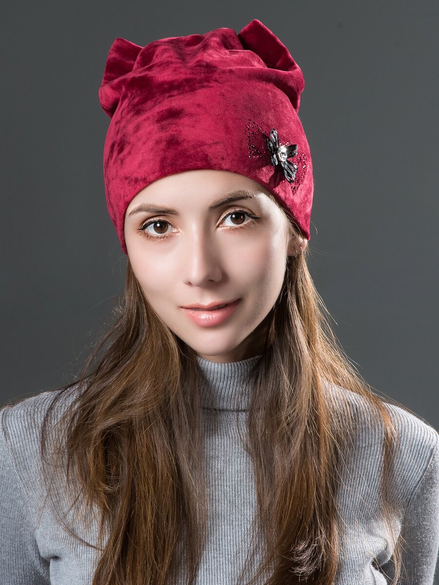 1PC Fashion Cute Cat Ears With Flower Hat Women Autumn Winter Warm Flannel Beanie Girls For Daily Life - Burgundy - View 1