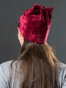 1PC Fashion Cute Cat Ears With Flower Hat Women Autumn Winter Warm Flannel Beanie Girls For Daily Life - Burgundy - View 2