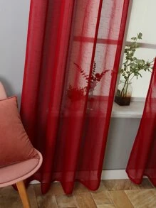1片/入紅色十字紋透光簾幕,現代風格聚脂纖維窗簾,適用於客廳和臥室裝飾 - 紅色 - 查看 2