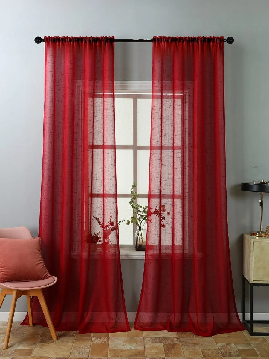 1片/入紅色十字紋透光簾幕,現代風格聚脂纖維窗簾,適用於客廳和臥室裝飾 - 紅色 - 查看 1