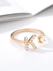 1入組時尚方晶鋯石裝飾A形狀戒指適合女士日常裝飾 - 金色 - 查看 9