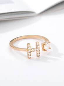 1入組時尚方晶鋯石裝飾A形狀戒指適合女士日常裝飾 - 金色 - 查看 8