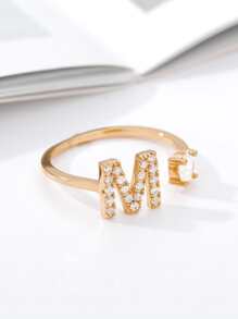 1入組時尚方晶鋯石裝飾A形狀戒指適合女士日常裝飾 - 金色 - 查看 10