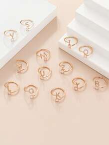 1入組時尚方晶鋯石裝飾A形狀戒指適合女士日常裝飾 - 金色 - 查看 1