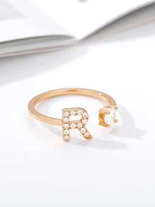 1入組時尚方晶鋯石裝飾A形狀戒指適合女士日常裝飾 - 金色 - 查看 11