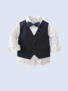 三件套男童绅士套装：长袖衬衫配领结、马甲和裤子，时尚帅气，适合生日派对、宴会、婚礼、婴儿派对等场合。