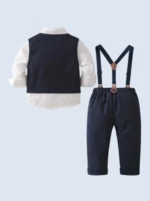 三件套男童绅士套装：长袖衬衫配领结、马甲和裤子，时尚帅气，适合生日派对、宴会、婚礼、婴儿派对等场合。