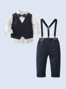 三件套男童绅士套装：长袖衬衫配领结、马甲和裤子，时尚帅气，适合生日派对、宴会、婚礼、婴儿派对等场合。