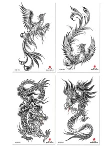 1組/4入組鳳凰龍暫時性防水臂紋身貼紙,適用於情侶、男女,有2條龍和2只鳳凰 - 黑色 - 查看 3