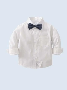 三件套男童绅士套装：长袖衬衫配领结、马甲和裤子，时尚帅气，适合生日派对、宴会、婚礼、婴儿派对等场合。