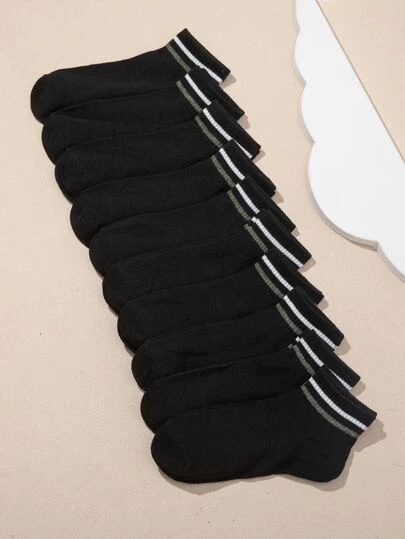 10 双儿童/青少年黑白条纹休闲运动舒适中筒袜