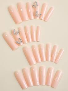 24入組短款白色法式中等方形假指甲，3D蝴蝶鑽石貼片女士假指甲 - 彩色 - 查看 2