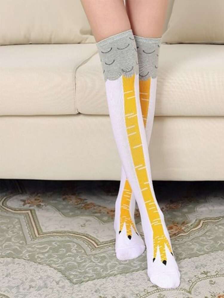 Mujer 1 par Calcetines sobre rodilla con dibujos animados pollo pata patrón moda para vida diaria - Blanco - Añade 2