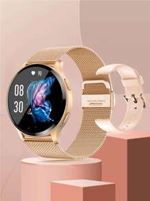 1 件男女玫瑰金不锈钢表带运动日历闹钟 24 小时心率监测睡眠跟踪圆形表盘智能手表，带 1 条硅胶表带，兼容 Android 和 - 玫瑰金 - 查看 1