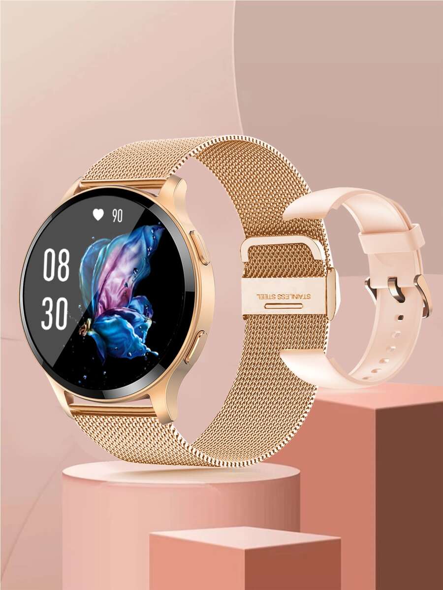1 件男女玫瑰金不锈钢表带运动日历闹钟 24 小时心率监测睡眠跟踪圆形表盘智能手表，带 1 条硅胶表带，兼容 Android 和 - 玫瑰金 - 查看 1