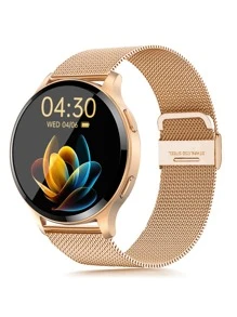 1 件男女玫瑰金不锈钢表带运动日历闹钟 24 小时心率监测睡眠跟踪圆形表盘智能手表，带 1 条硅胶表带，兼容 Android 和 - 玫瑰金 - 查看 2