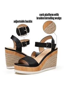Women's Platform Sandals Open Toe Wedge Sandals Ankle Strap Summer Sandals - 黑與白 - 查看 2