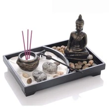 Meditation Zen Garden Set With Buddha Figurines, White Sand, Pebbles, Wooden Base, Home & Office Desk Decor Best Gifts Birthday - Black and White - View 1