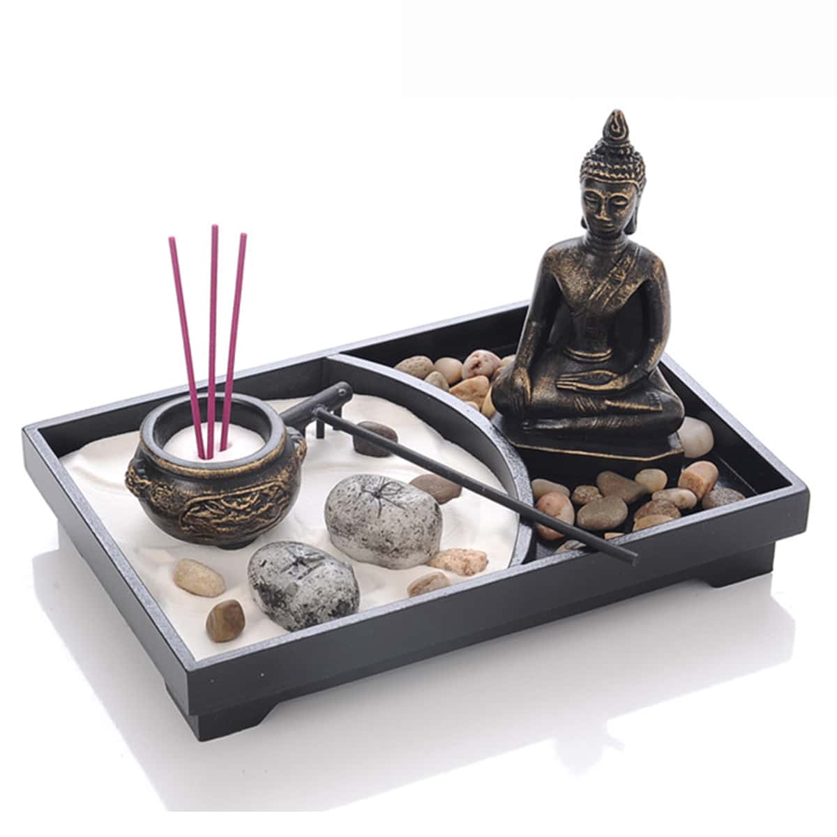 Meditation Zen Garden Set With Buddha Figurines, White Sand, Pebbles, Wooden Base, Home & Office Desk Decor Best Gifts Birthday - Black and White - View 1