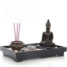 Meditation Zen Garden Set With Buddha Figurines, White Sand, Pebbles, Wooden Base, Home & Office Desk Decor Best Gifts Birthday - Black and White - View 3