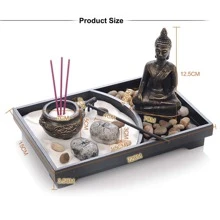 Meditation Zen Garden Set With Buddha Figurines, White Sand, Pebbles, Wooden Base, Home & Office Desk Decor Best Gifts Birthday - Black and White - View 4