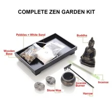 Meditation Zen Garden Set With Buddha Figurines, White Sand, Pebbles, Wooden Base, Home & Office Desk Decor Best Gifts Birthday - Black and White - View 5
