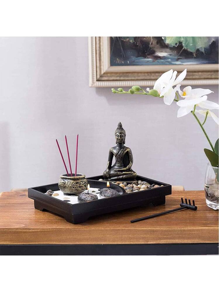 Meditation Zen Garden Set With Buddha Figurines, White Sand